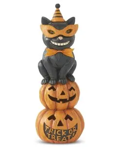 Schwarze Katze Auf Halloween Kürbisstapel LED Figur 28cm